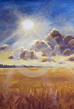 Big cloud and warm rays of summer sun over a ripe brown field of wheat rye bread painting