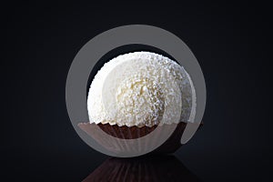 Big Coconut Candy or cake ball With White Chocolate Topping in a plate isolated