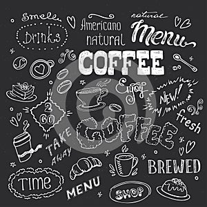 Big coffee set,hand drawn design on blackboard