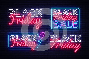 Big collectin neon signs for Black Friday. Neon Banner Vector. Black Friday neon sign, design template, modern trend