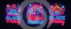 Big collectin neon signs for Black Friday Sale. Neon Banner Vector. Black Friday neon sign, design template, modern