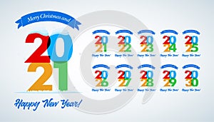 Big collection of 2021 - 2030 years. Happy New Year signs. Set of 2021-2030 Happy New Year symbols. Greeting card artwork