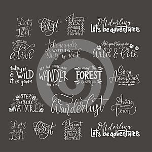 Big collection of adventure, outdoors and travel vector quotes.