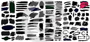 Big of collection of black paint, ink brush strokes, brushes, lines, grungy. Dirty artistic design elements, boxes, frames. Vector