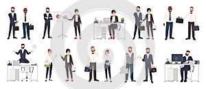 Big collection of business people or office workers dressed in smart clothing in different situations - making deal