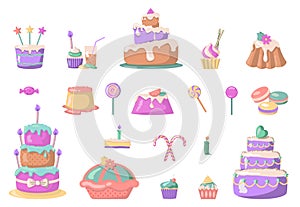 Big collection of cakes and candies illustration. Vector birthday party elements.