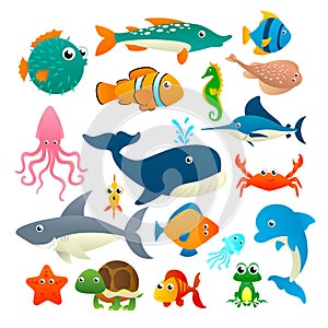 Big collection cartoon sea animals