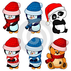 Big collection Christmas penguins, teddy bear and panda poses.