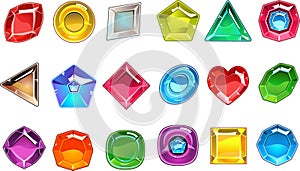 Big collection of colorful valuable stones in different shapes. Square, round, pear shaped, triangular, rhombus and