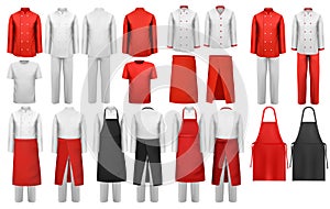 Big collection of culinary clothing, white and red suits