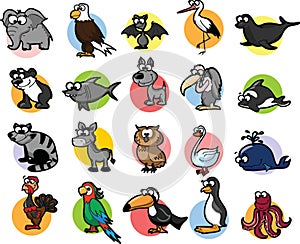 Big collection of cute cartoon animals,birds and sea creatures of the world.Big fauna of the world icon set.Vector