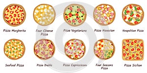 Big collection of different pizza top view with ingredients
