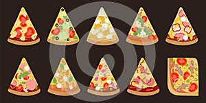 Big collection of different slices pizza top view with ingredients.