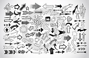 Big collection of doodle sketch arrows on white background.