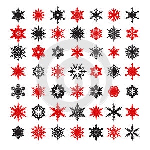 Big collection of elegant black and red snowflakes silhouette isolated on white background. Vector illustration.