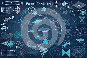 Big collection of elements, symbols and schemes of physics photo