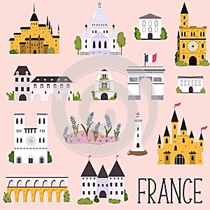 Big collection of famous landmarks of France. Vector illustration