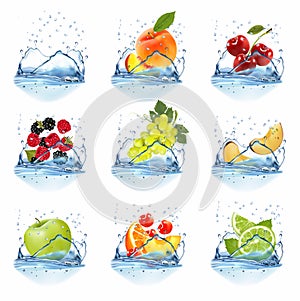 Big collection of fruit in a water splash