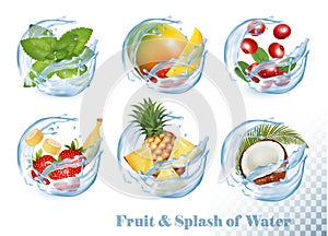 Big collection of fruit in a water splash icons.