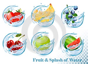 Big collection of fruit in a water splash icons