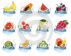 Big collection of fruit in a water splash.