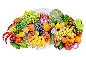 Big collection of fruits and vegetables on white backgr