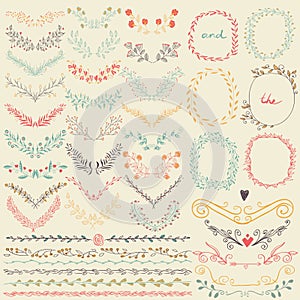 Big collection of hand drawn floral graphic design elements and lines border in retro style