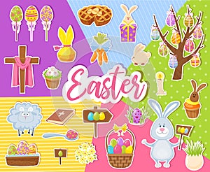 Big Collection of Happy Easter Objects. Flat Design Vector Illustration. Set of Spring Religious Christian Colorful