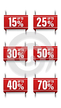 Big collection of icon illustrations of red ribbon banners, sale bookmark of up to 50, 15, 25, 30, 40, 70 percent off