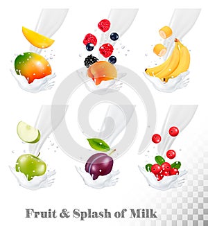 Big collection of icons of fruit and berries in a milk splash