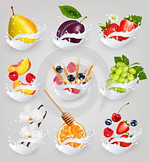 Big collection icons of fruit in a milk splash.