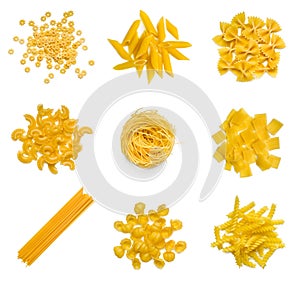 Big collection of italian pasta on white