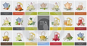 Big collection of labels or tags with various types of tea - black, green, rooibos, masala, mate, puer. Set of hand