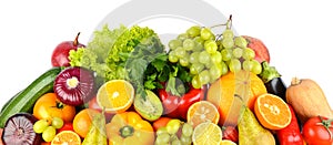 Big collection multi-colored juicy vegetables and fruits isolated on white background