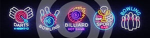 Big collection neon signs for Bowling, Darts, Billiards, Football Pub. Set Logos neon, light emblems signs and symbols