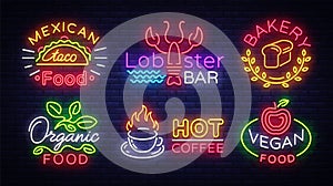 Big collection neon signs on theme food. Vector. Set bright food emblems, Neon food symbols, design template, Mexican