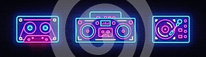 Big collection neon sing. Retro Music neon symbols design elements. Back to 80-90s light banner, modern trend design photo
