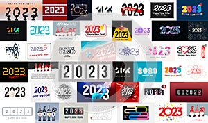 Big collection of 2023 New Year posters and logos for new year event decoration, greeting cards, calendar and winter