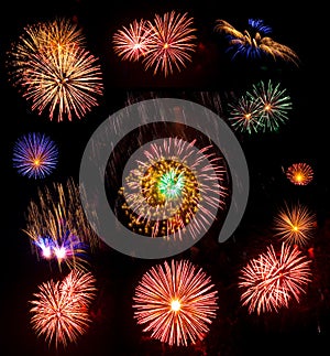 Big collection of real fireworks isolated on black