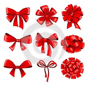 Big collection of red gift bows with ribbons