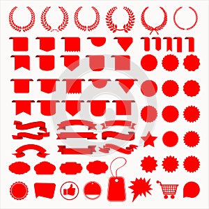 Big collection of red price tags stickers labels and ribbons