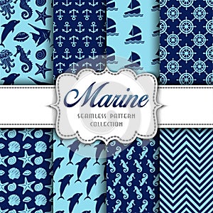 Big collection of seamless patterns with marine elements