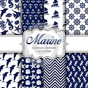 Big collection of seamless patterns with marine elements