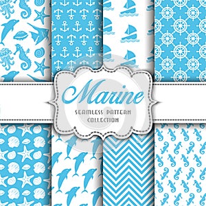 Big collection of seamless patterns with marine elements