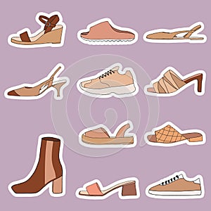 Big collection stickers with different types of modern trendy women shoes