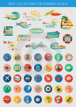 Big collection of summer typographical elements for design and colorful summer vacation, beach, seaside marine icons