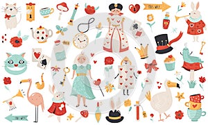 Big collection with symbols and characters of Alice in Wonderland.