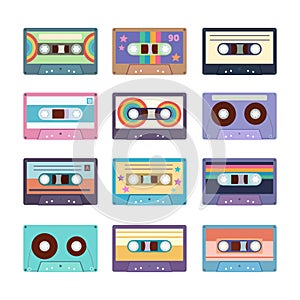 Big collection of various retro audio cassette tapes isolated on white background. Colorful trendy clip art for design.