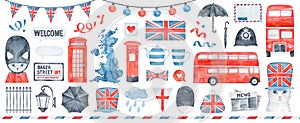 Big collection of various symbols of England: red bus, telephone booth, umbrella, tea cup, bearskin, soldier, newspaper, pillar po