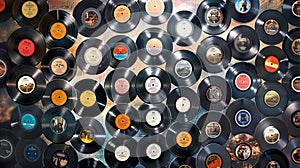 Big Collection of vinyl records. Assortment of vinyl LPs. Top view. Background. Concept of music diversity, vintage